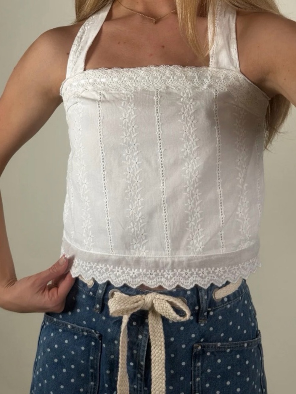 White Eyelet Square Neck Tank